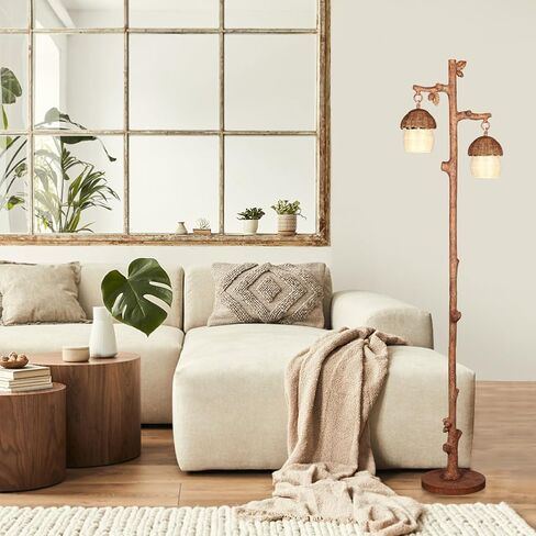 مصباح أرضي من الروطان بلمسة نهائية من الخشب الصناعي، ومصابيح أرضية بوهو مع كوز صنوبر صناعي وديكور بأوراق الشجر، بني in Kuwait