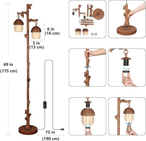 مصباح أرضي من الروطان بلمسة نهائية من الخشب الصناعي، ومصابيح أرضية بوهو مع كوز صنوبر صناعي وديكور بأوراق الشجر، بني in Kuwait