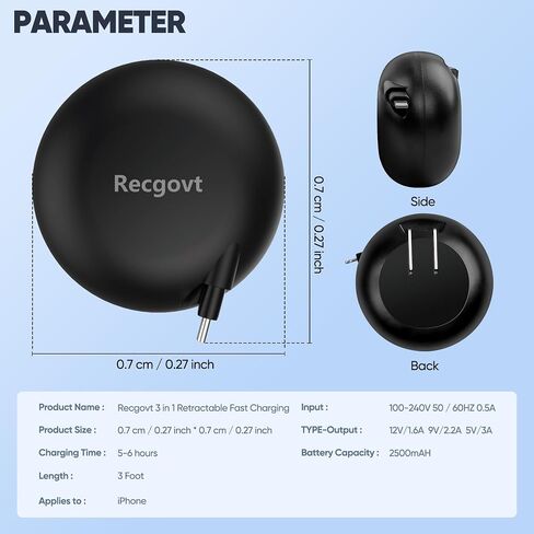 Recgovt Portable Wall Charger with Wall Plug, Fast Charger, Retractable Phone Charger, Retractable Cable & 3000mAh Battery (60% Coverage) Only for Type C Charging Port Series. in Saudi Arabia