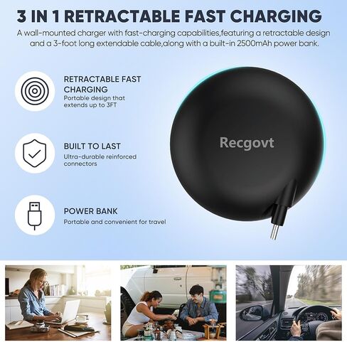 Recgovt Portable Wall Charger with Wall Plug, Fast Charger, Retractable Phone Charger, Retractable Cable & 3000mAh Battery (60% Coverage) Only for Type C Charging Port Series. in Saudi Arabia