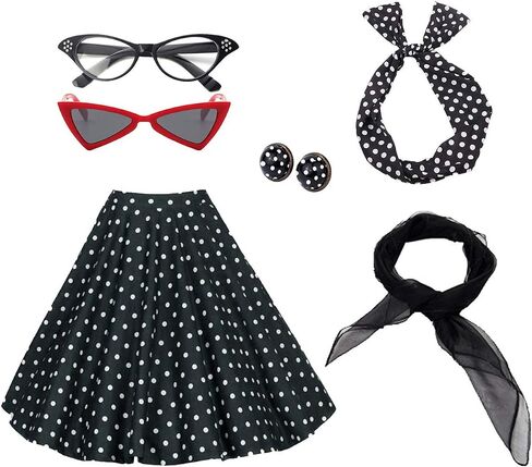 Women's 50's Costume Accessories Set Vintage Dot Skirt Scarf Headband Earrings Cat Eye Glasses in Saudi Arabia