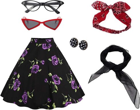 Women's 50's Costume Accessories Set Vintage Dot Skirt Scarf Headband Earrings Cat Eye Glasses in Saudi Arabia