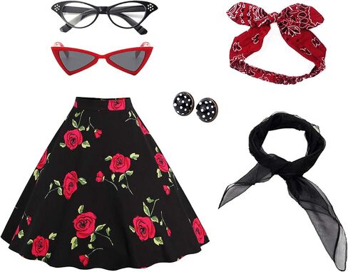 Women's 50's Costume Accessories Set Vintage Dot Skirt Scarf Headband Earrings Cat Eye Glasses in Saudi Arabia