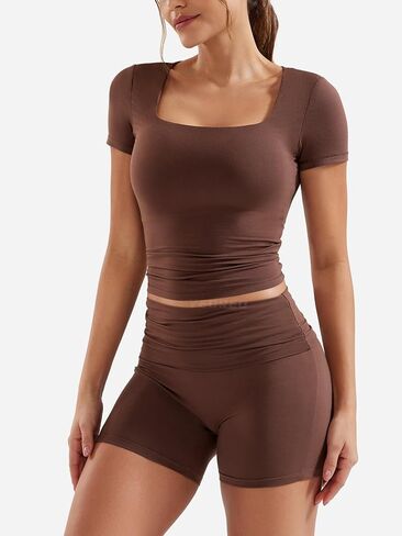 YEOREO Lounge Sets for Women 2 Piece Short Sleeve Square Neck Tops Casual Outfits Fold Over Shorts Workout Tracksuit in Saudi Arabia