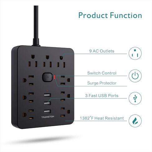 Power Strip Surge Protector with 9 Outlet 3 USB Ports, Fireproof Desktop Charging Station with Flat Plug Wall Mount 5 ft Long Extension Cords for Home and Office, Black in Saudi Arabia