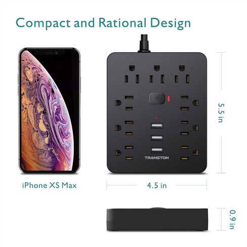 Power Strip Surge Protector with 9 Outlet 3 USB Ports, Fireproof Desktop Charging Station with Flat Plug Wall Mount 5 ft Long Extension Cords for Home and Office, Black in Saudi Arabia