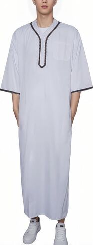 Mens Kaftan Thobe V-Neck Half Sleeve Muslim Robe Dubai Long Gown Saudi Arab Thobe Robes for Summer Beach in Kuwait