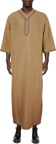 Mens Kaftan Thobe V-Neck Half Sleeve Muslim Robe Dubai Long Gown Saudi Arab Thobe Robes for Summer Beach in Kuwait