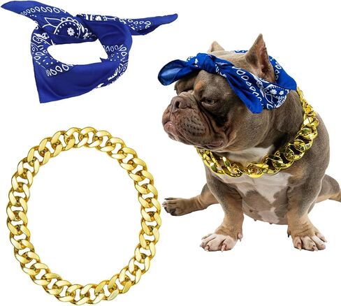 2Pack Dog Costume Set, Adjustable Gold Plated Dog Chain Collar and Headband for Dogs Square Satin Head Scarf Head Cover Puppy Bathroom Apparel Party Costume Accessories in Kuwait