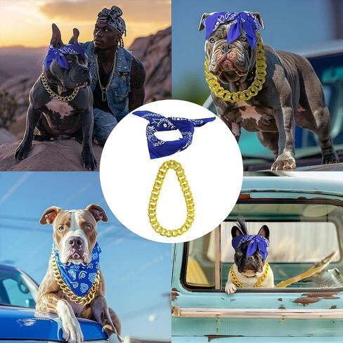 2Pack Dog Costume Set, Adjustable Gold Plated Dog Chain Collar and Headband for Dogs Square Satin Head Scarf Head Cover Puppy Bathroom Apparel Party Costume Accessories in Kuwait