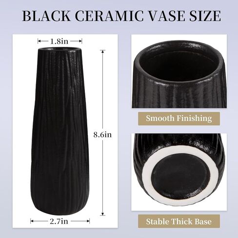 مزهرية سيراميك سوداء، مزهرية زهور، مزهرية سيراميك للزهور، مزهرية لغرفة الطعام، غرفة النوم، غرفة القراءة، ديكور المكتب - 2.7 بوصة طول × 1.8 بوصة عرض × 8.6 بوصة ارتفاع in Kuwait