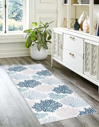 Coastal Runner Rug Beach Hallway Rugs Non-Slip Nautical Coral Machine Washable Rugs Modern Floor Carpet for Kitchen Bathroom Laundry Bedroom Living Room, 2x6 in Kuwait