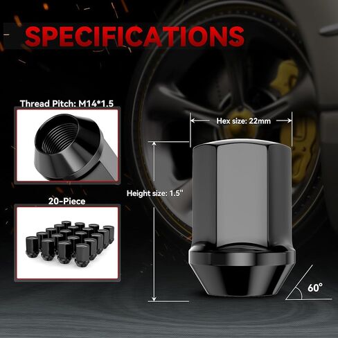 20 PCS 14x1.5 Pitch Studs Wheel Lug Nuts, 1.5 inch Height OEM Factory Style Acorn Seat Lug Nuts, Black Finish, 7/8" Hex, 60 Degree Conical Seat in Kuwait