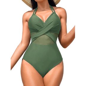 Sexy Wrap Swimsuit, Mesh Patchwork, Halter, Low Back, 1 Piece