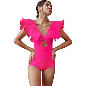 Women One Piece Swimsuit Pleated Lace Ruffle Bathing Suit Padded Swimwear