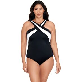 Longitude Women's Plus Swimwear Crossover Inset Tank Soft Cup One Piece Swimsuit