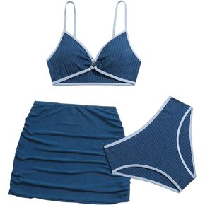 SweatyRocks Girl's 3 Piece Bikini Swimsuit Set Ring Linked High Waist Bathing Suit with Ruched Cover Up Skirt