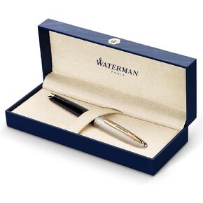 Waterman Carène Deluxe Fountain Pen, Gloss Black & Silver Plated with 23k Gold Clip, Fine Nib with Blue Ink Cartridge, Gift Box