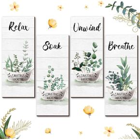Tatuo 4 Pieces Green Bathroom Wall Decor Relax Soak Unwind Breathe Farmhouse Bathroom Wall Sign Botanical Green Bathroom Wooden Hanging Wall Art Decor for Farmhouse Home Bathroom