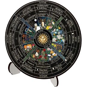 WBQMUNY Wheel of The Year Wood Sign 10",Sabbats Pagan Sign Witches Runes Wood Engraved Board Wiccan Holidays,Wicca Calendar,Yule Altar, Celestial Sign,Vintage Handmade Tabletop Ornament Decor (BT296)