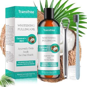 Coconut Mint Pulling Oil Mouthwash Helps with Fresh Mouth Breath, Teeth Gum Whitening Healt, Natural & Alcohol-Free with Guru Tongue Scraper Toothbrush (8 Fl.Oz)