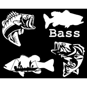 Bass Fishing Decal 4 Pack: Bass Jumping, Large Mouth Bass, Bass Fishing Boat, Detailed Jumping Bass (Black, Small ~3.5")