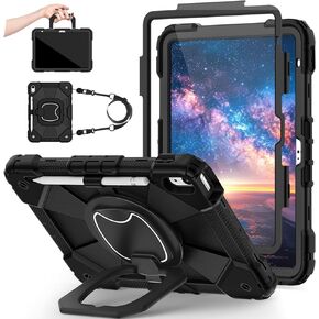 iPad 10th Generation Case 10.9 Inch 2022,iPad 10th Gen Case Shockproof Rugged Protective Cover with Screen Protector,360° Rotating Stand,Pencil Holder & Shoulder Strap,Black Black