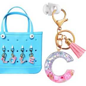 2 PCS Glitter Letter Charms Compatible with Bogg Bag Accessories, Pink Resin Letters Decoration for Beach Tote Bag