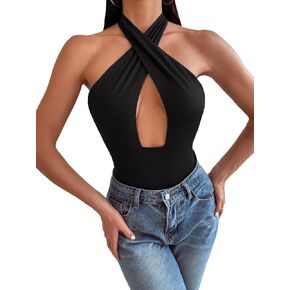 OYOANGLE Women's Cut Out Criss Cross Tie Backless Halter Bodysuit Sleeveless Solid Slim Fit Bodysuits
