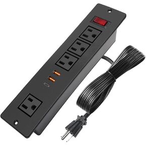Desktop Recessed Power Strip USB C (Fast Charge 20W),Mounted Desk Plug in Extension Cord 4 Outlets (1 Extra Wide Space) w 3 USB Ports (w Switch) for Conference Counter Table Couch.