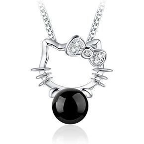 Cute Real 925 Sterling Silver Cat Pendant Necklace Agate Ball Pendant