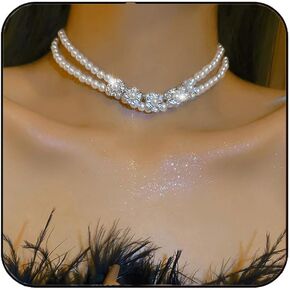 jeairts اللؤلؤ المختنق القلائد الفضة سباركلي الكريستال المختنقون الطبقات زهرة حجر الراين قلادة خمر حزب حفلة موسيقية اللؤلؤ قلادة سلسلة مجوهرات للنساء والفتيات in Kuwait