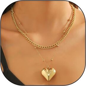 YOOESTORES82 14K Gold Heart Pendant Necklaces for Women Girls Punk Layered Chunky Heart Choker Necklace Hip Hop Link Chain Love Y2K Girls Trendy Jewelry Gifts