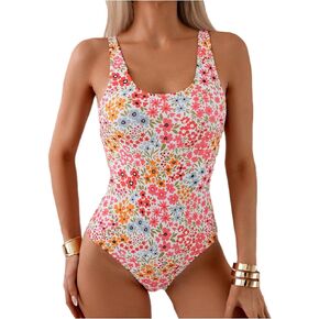 Women's Floral Print Scoop Neck One Piece Swimsuit Tie Back Bathing Suit Backless Swimwear