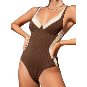 SweatyRocks Women's Color Block One Piece Swimsuit Ribbed Underwire Push Up Monokini Bathing Suit