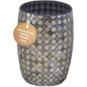 Black and Gold Bathroom Trash Can Mosaic Glass 5L | Decorative Small Garbage Can | 7" x 10" | Luxury Waste Basket for Bathroom, Office, Bedroom & Kitchen | Shiny Decorative Bathroom Accessory in Kuwait