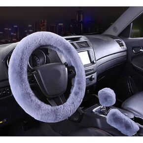 SHIAWASENA Warm Faux Wool Steering Wheel Cover with Handbrake Cover & Gear Shift Cover 3 Pcs Set (Black)