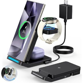 Foldable Wireless Charger for Samsung, 3 in 1 Fast Wireless Charging Station Stand for Samsung Galaxy S24 S23 Ultra/S22/S21/S20/Note 20/Z Flip 5/Fold 5/4,Galaxy Watch 6/5/5 Pro/4/3, Galaxy Buds 2/Pro