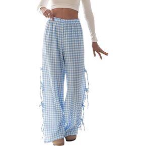 Women Gingham Pants Bow Tie Side Split Wide Leg Pants Y2k Plaid Lounge Trousers Summer Going Out Bottoms