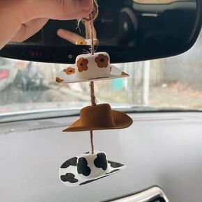 Cowboy Hat Car Charm,Country Rear View Mirror Hanging Accessories,Sunflower Cowgirl Hat Cow Print Car Decor,Cute Handmade Felt Mini Hat Ornament Pendent for Women Girls