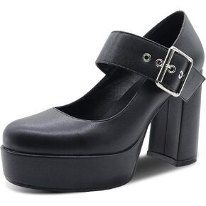 Women's Cute Platform Thick High Heels Round Toe Mary Janes Pumps Female Buckle Ankle Strap Dress Goth Shoes