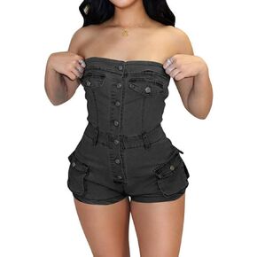 Denim Jumpsuit for Women Summer Cargo Casual Pockets One Piece Shorts Nightclub Party Jean Overalls Mini Shorts