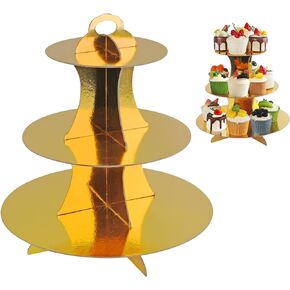 Gold Cupcake Stand, 3 Tier Cupcake Tower, Cardboard Cupcake Display Stand, Round Cupcake Tier Stand for Birthday, Baby Shower, Wedding Party
