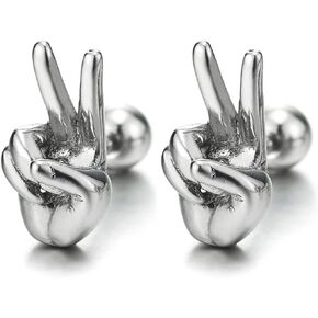 Mens Womens Stainless Steel Yeah Victory Peace Sign V Hand Gesture Stud Earrings, Screw Back, 2PCS