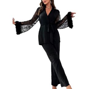 Verdusa Women's 2 Piece Feather Satin Pajama Set Floral Mesh Long Sleeve Belted Top and Pants