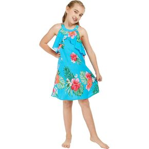 Girl Hawaiian Round Neck with Ruffle Dress and Straw Ruffle Hat with Matching Band in Day Dream Bloom