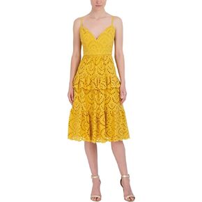 BCBGMAXAZRIA Women's V Neck Sleeveless Cotton Eyelet a Line Midi Dress