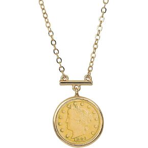 American Coin Treasures Liberty Nickel Gold-Layered Coin Pendant Bar Necklace | Goldtone Flat Cable | 18 Inch 3 Inch Extender with Lobster Claw Clasp | Certificate of Authenticity