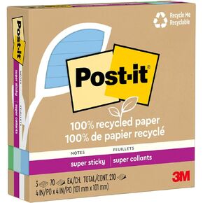 Post-it 100% Recycled Paper Super Sticky Notes, 2X The Sticking Power, 4x4 in, 3 Pads, 70 Sheets/Pad, Oasis Collection (675R-3SST)