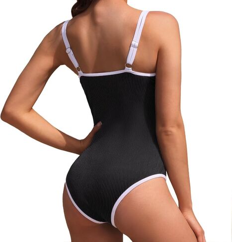 Women's One Piece Swimsuit Color Block Sport Swimwear Ribbed High Cut Bathing Suits (1-S, 2-M, 3-L, 4-XL) in Saudi Arabia